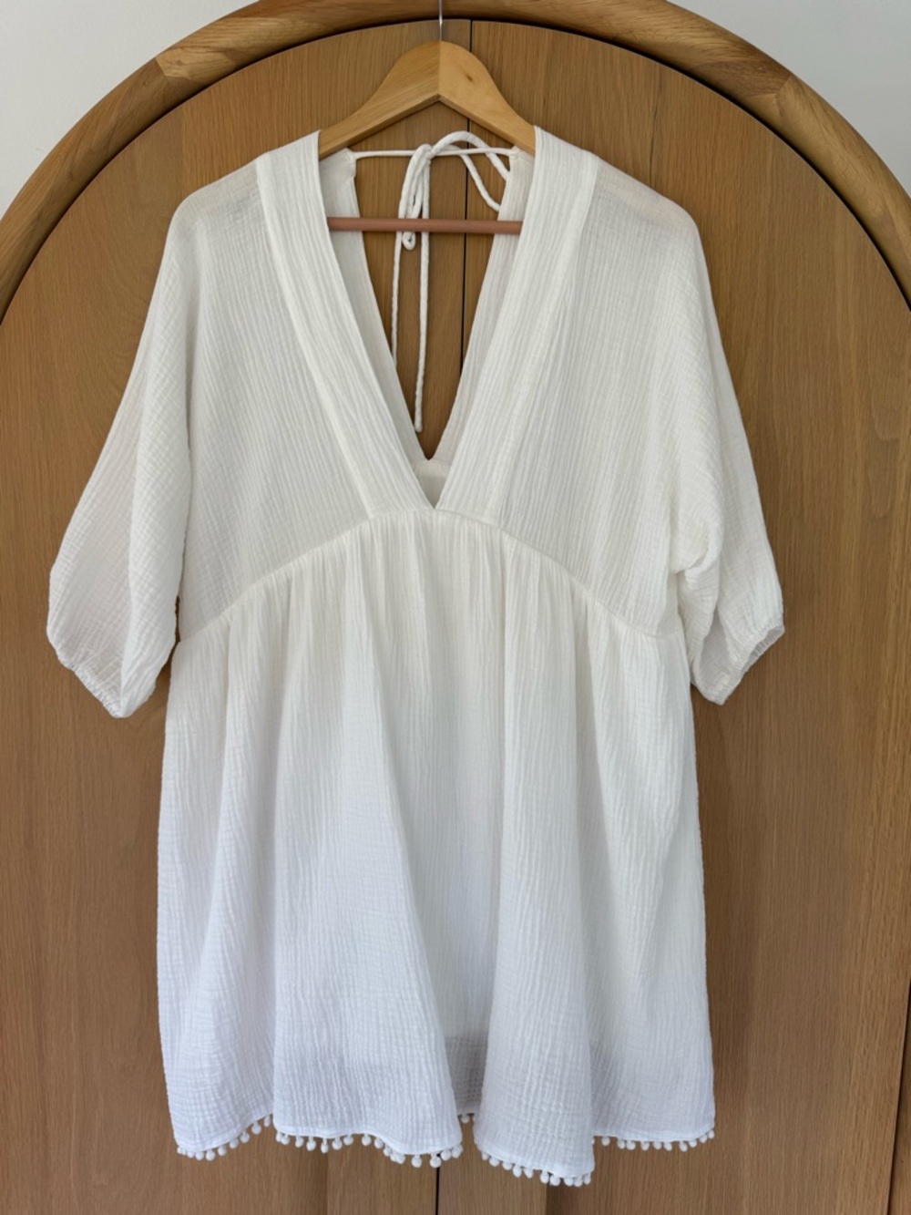 Lush Off White V-Neck Mini Gauze Dress Pom-Pom Hem 100% Cotton Size L